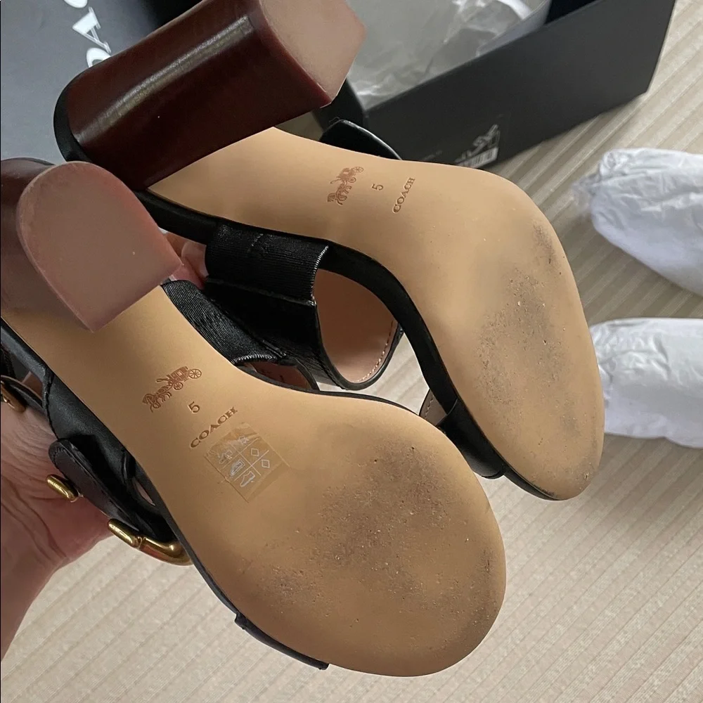 COACH Black Leather Sandal Gold Buckle Robin